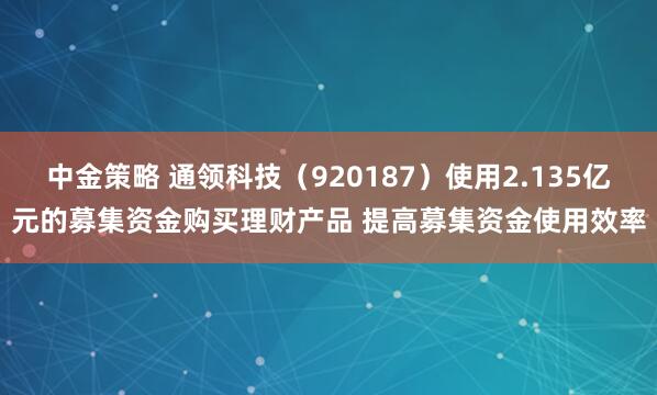 中金策略 通领科技（920187）使用2.135亿元的募集资金购买理财产品 提高募集资金使用效率